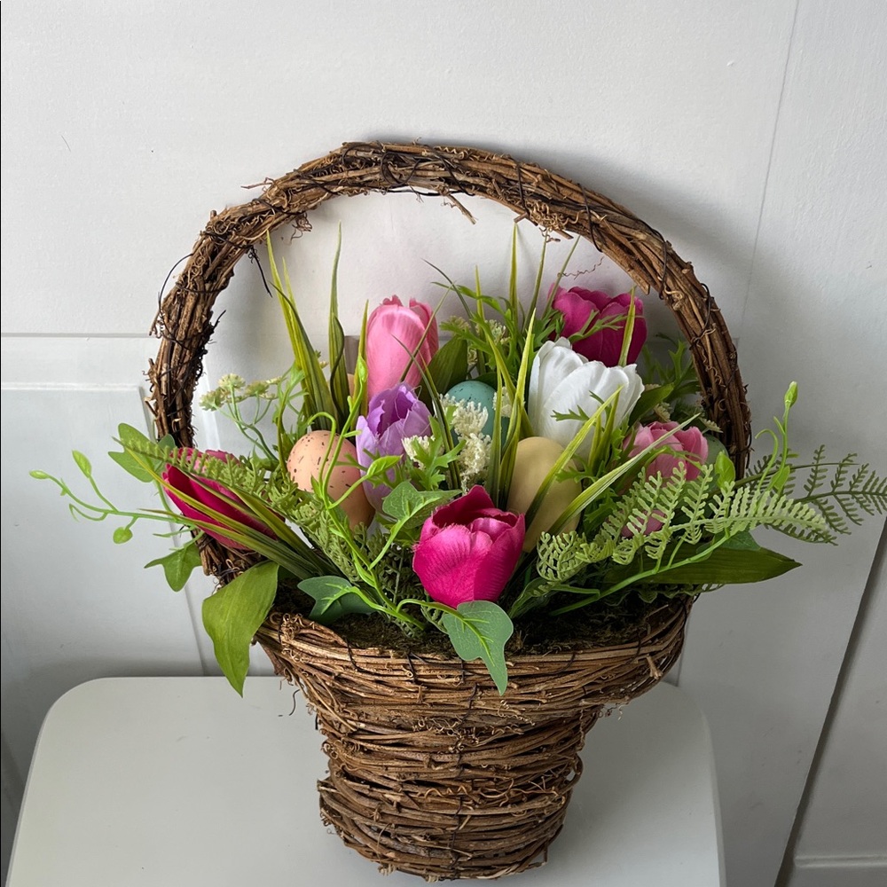 Rustic Floral Easter Hanging Basket with Multicolor Tulips